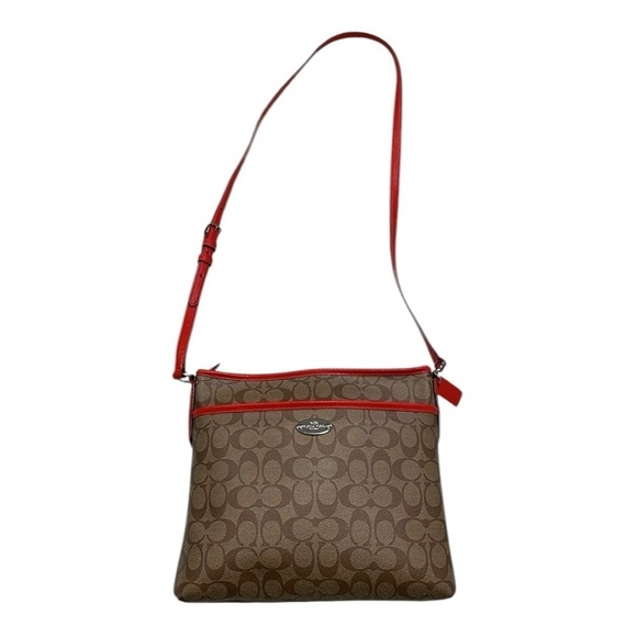COACH Purse Shoulder Bag Crossbody Brown Red Coated Canvas Monogram Signature - Picture 2 of 13